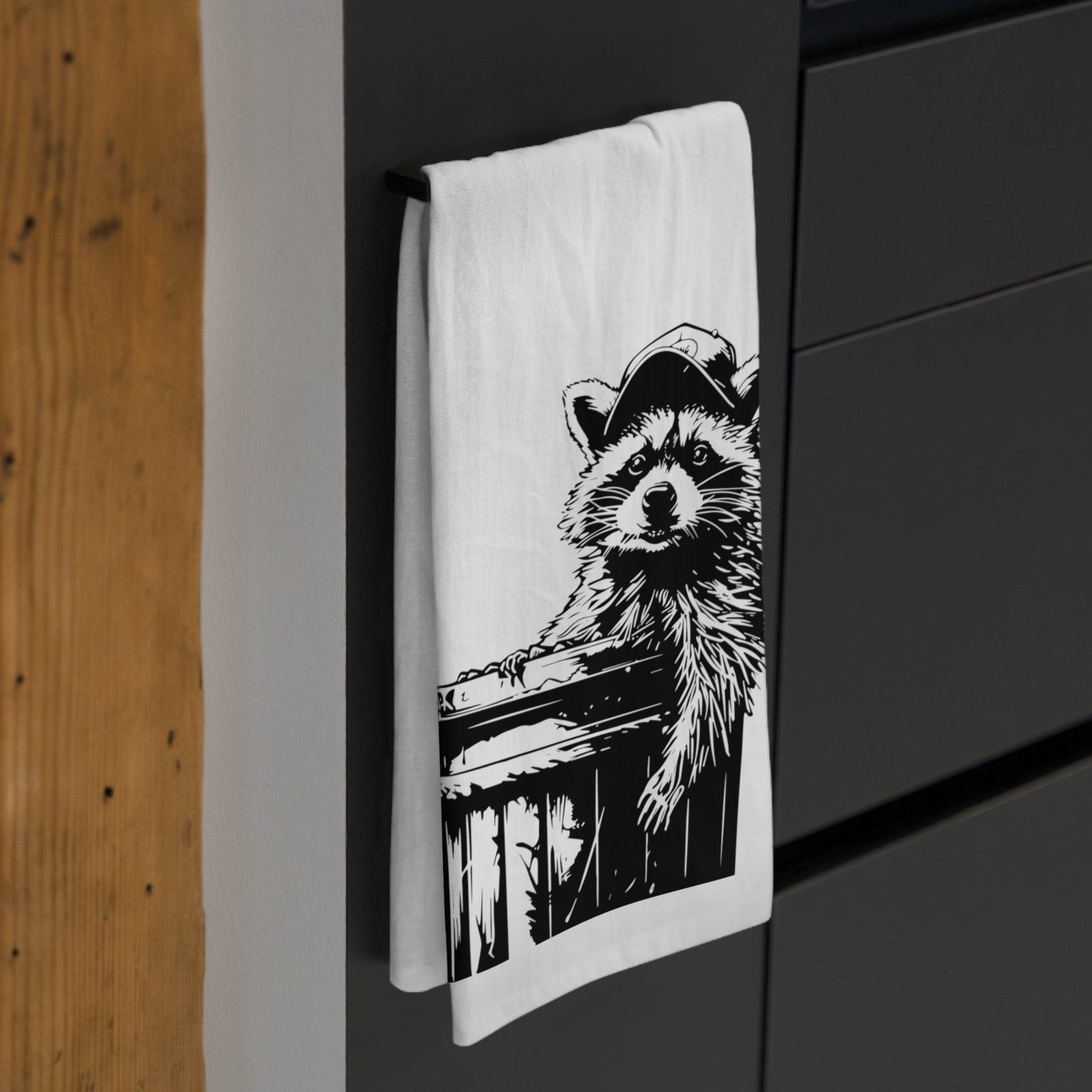Ricky, the raccoon, tea, towel, kitchen towel